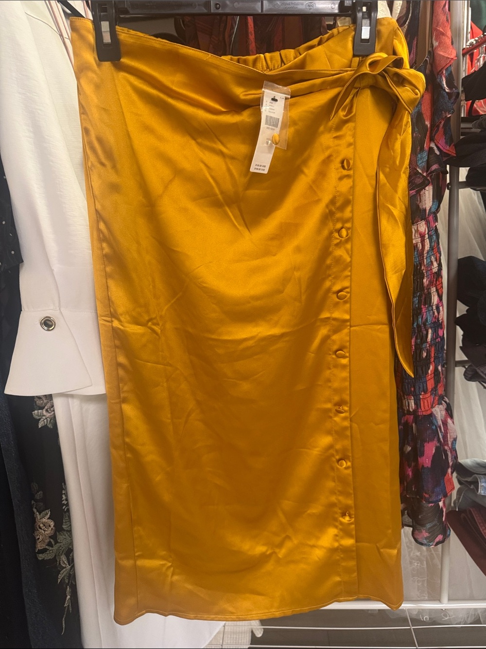 Anthropologie Satin Wrap Midi Skirt in Mustard
